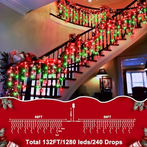 1280 LED 132ft Christmas Lights Outdoor with 240 Drops 8 Modes Curtain Fairy Lights Plug in Waterproof Timer, alternate view