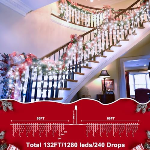 1280 LED 132ft Christmas Lights Outdoor with 240 Drops 8 Modes Curtain Fairy Lights Plug in Waterproof Timer, alternate view