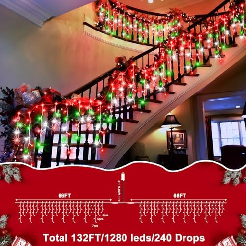 1280 LED 132ft Christmas Lights Outdoor with 240 Drops 8 Modes Curtain Fairy Lights Plug in Waterproof Timer, alternate view