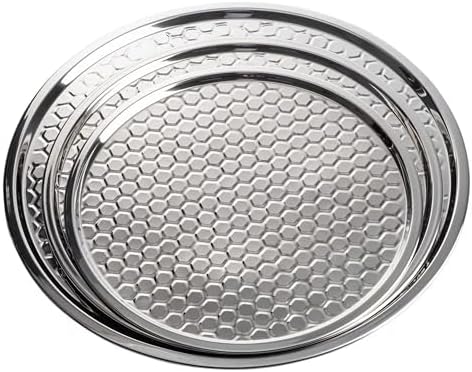 12848 Hive Collection Round Serving Tray, Stainless Steel with Mirror Honeycomb Pattern, Flat Display Tray for, alternate