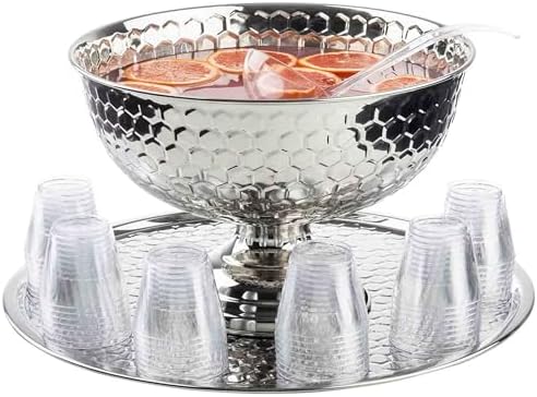 12848 Hive Collection Round Serving Tray, Stainless Steel with Mirror Honeycomb Pattern, Flat Display Tray for, alternate
