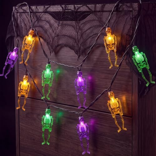 12FT 20 LED Orange Green Purple Halloween Skeleton String Lights