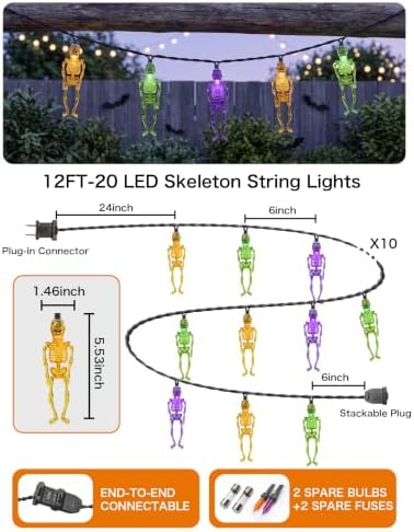 12FT 20 LED Orange Green Purple Halloween Skeleton String Lights, alternate view 2