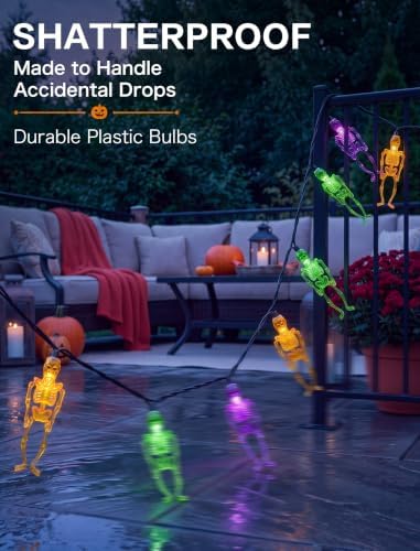 12FT 20 LED Orange Green Purple Halloween Skeleton String Lights, alternate view 4