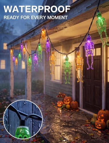 12FT 20 LED Orange Green Purple Halloween Skeleton String Lights, alternate view 5