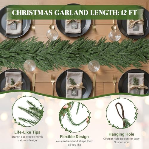 12FT Christmas Garland, Artificial Real Touch Norfolk Pine Garland, alternate view 3