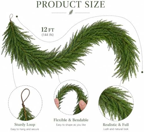 12FT Christmas Norfolk Pine Garland, Real Touch Artificial Greenery Garland, Realistic Faux Pine Garlands for, alternate view