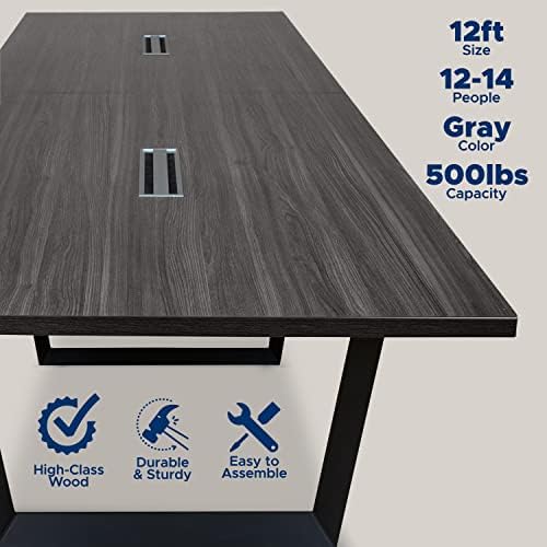 12FT Conference Table with Cable Management Grommets - Modern Rectangle Office Meeting/Boardroom Table with, alternate view 3