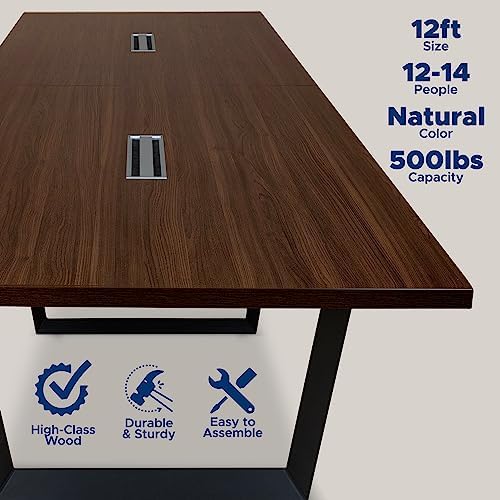 12FT Conference Table with Cable Management Grommets - Modern Rectangle Office Meeting/Boardroom Table with, alternate view 3
