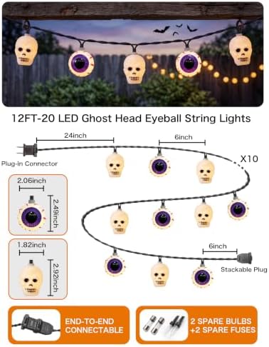 12FT Halloween String Lights with 20 LED Eyeball Skull Lights, alternate view 2