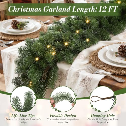 12FT Pre-Lit Christmas Garland, Lighted Norfolk Pine Garland in Green, alternate view 2