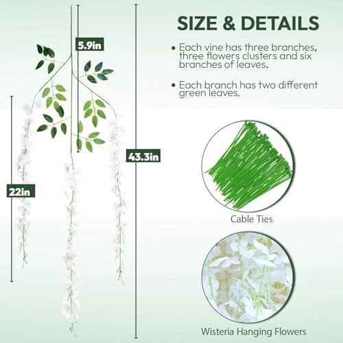12Pack Wisteria Hanging Flower Garland 3.6Ft Artificial Arch Flower White in White, alternate view 5