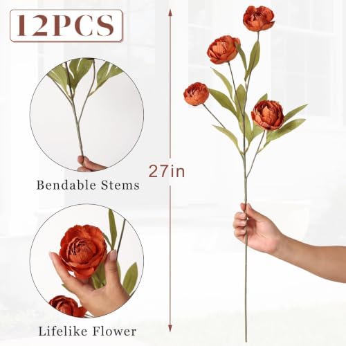 12Pcs 27" Artificial Fall Peony Silk Flower Stems for Vase Decor(Orange), alternate view 6
