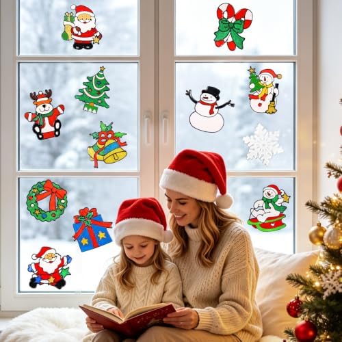 12Pcs 3D Christmas Window Clings Snowman Santa Claus Window Stickers in Red