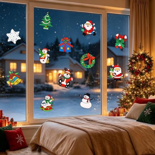 12Pcs 3D Christmas Window Clings Snowman Santa Claus Window Stickers in Red, alternate view 4