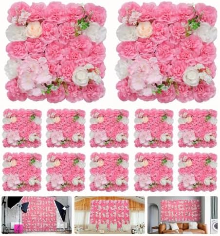12pcs Artificial Flower Wall Backdrop 16.5"x16.5"- Dark Pink