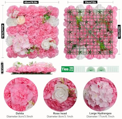12pcs Artificial Flower Wall Backdrop 16.5"x16.5"- Dark Pink, alternate view 4
