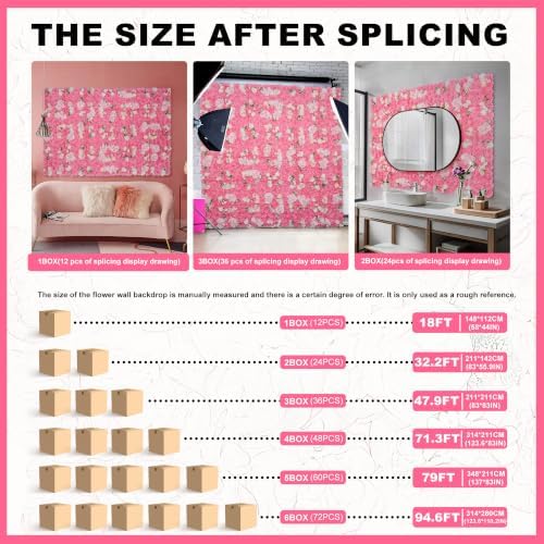 12pcs Artificial Flower Wall Backdrop 16.5"x16.5"- Dark Pink, alternate view 5