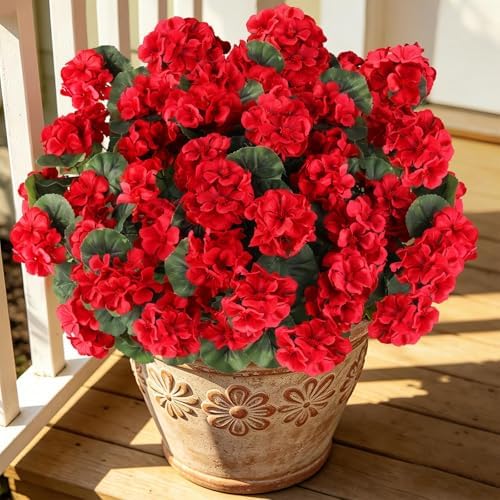 12PCS Artificial Geraniums for Outdoors, Fake Silk Red Flowers