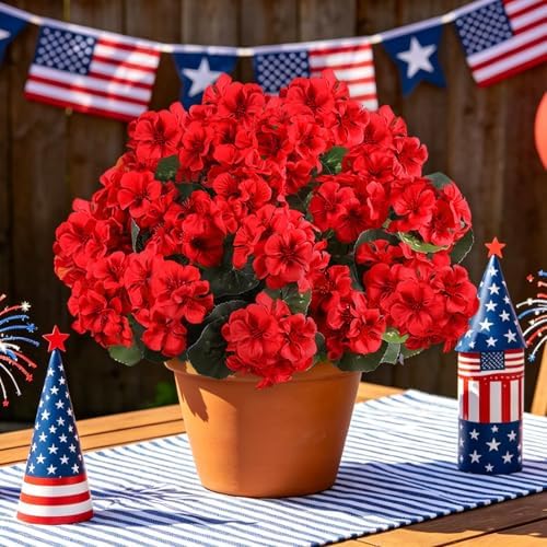 12PCS Artificial Geraniums for Outdoors, Fake Silk Red Flowers, alternate view 3