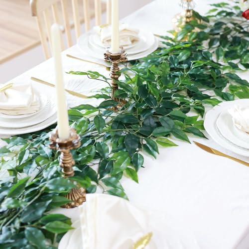 12pcs Artificial Greenery Stems Silk Green Leaves Fake 23in Ficus Garland Spray Plants Faux Greenery Decoration, alternate