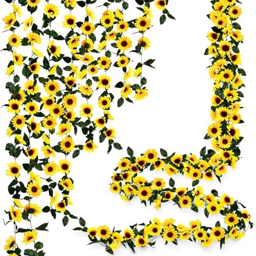 12PCS Artificial Sunflower Garland, 7.5ft/Strand Silk Sunflowers Hanging Vines Flowers with Green Leaves for