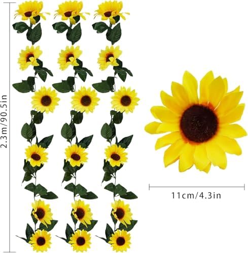 12PCS Artificial Sunflower Garland, 7.5ft/Strand Silk Sunflowers Hanging Vines Flowers with Green Leaves for, alternate view