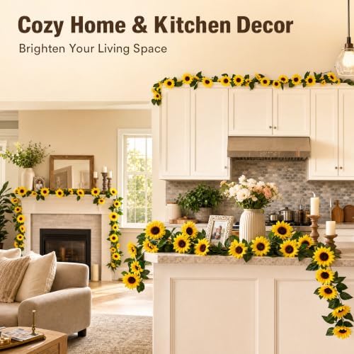 12PCS Artificial Sunflower Garland, 7.5ft/Strand Silk Sunflowers Hanging Vines Flowers with Green Leaves for, alternate view