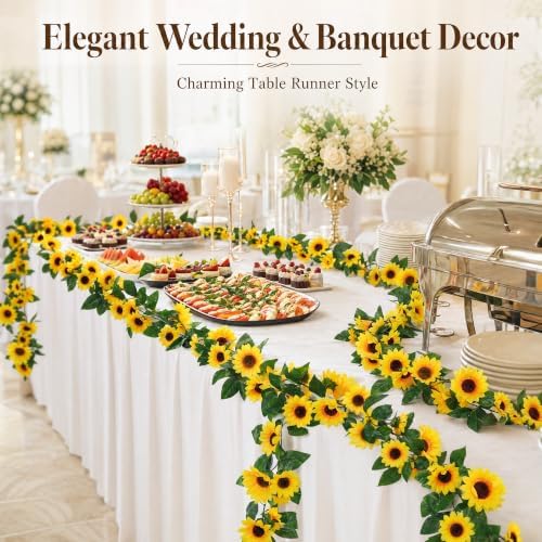 12PCS Artificial Sunflower Garland, 7.5ft/Strand Silk Sunflowers Hanging Vines Flowers with Green Leaves for, alternate view