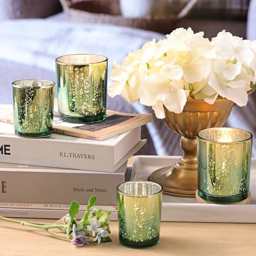 12pcs Assorted Green Votive Candle Holders, 2 Sizes Mercury Votives in Green+gold, alternate view 6