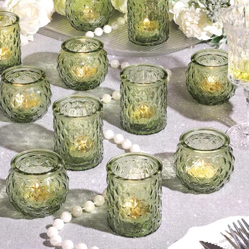 12Pcs Assorted Green Votive Candle Holders, Tea Lights Candle Holder for Table Centerpiece, Green Candle Holders