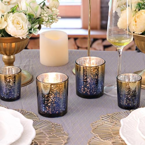 12pcs Assorted Navy Votive Candle Holders, 2 Sizes Mercury Votives in Navy Blue+gold, alternate view 2