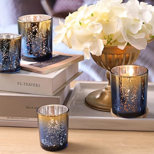 12pcs Assorted Navy Votive Candle Holders, 2 Sizes Mercury Votives in Navy Blue+gold, alternate view 6