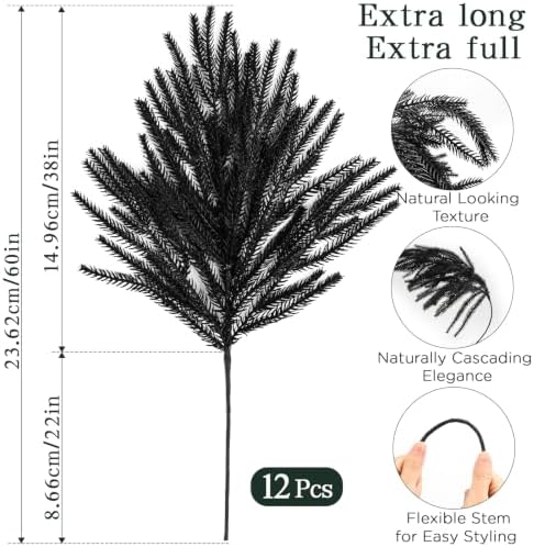 12Pcs Black Norfolk Pine Stems, Real Touch Halloween Christmas Decorations, alternate view 4