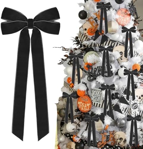 12Pcs Black Velvet Ribbon Bows Halloween Tree Decorations,5in x 10in Christmas Ornaments for Tree Home Party