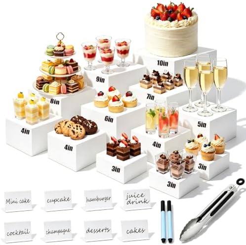 12Pcs Buffet Risers with Mini Sign and Maker Serving Tongs, White Acrylic Food Display Stand, for Buffet Table