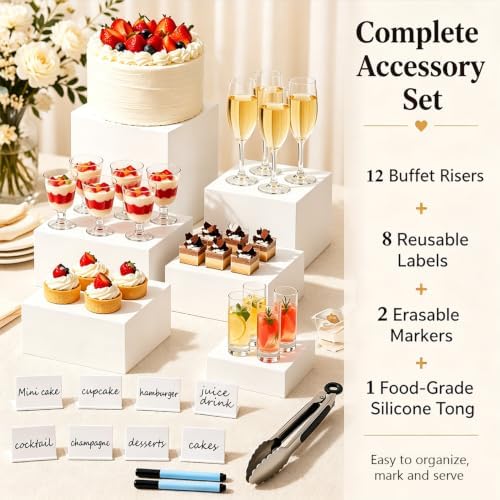 12Pcs Buffet Risers with Mini Sign and Maker Serving Tongs, White Acrylic Food Display Stand, for Buffet Table, alternate