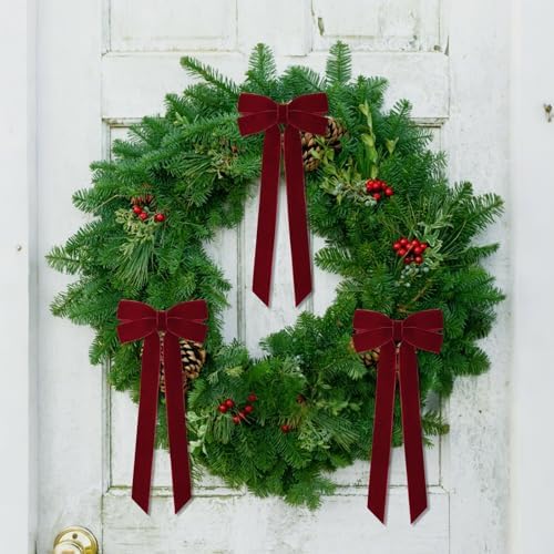 12Pcs Burgundy Velvet Ribbon Bows Christmas Tree Decorations,5in x 10in Xmas Ornaments for Tree Home Party Front, alternate