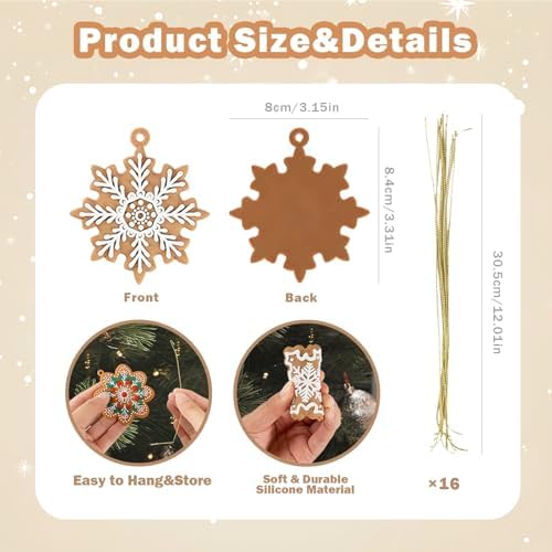12Pcs Christmas Gingerbread Snowflake Ornaments for Tree Rustic Brown Silicone Christmas Ginger Bread Hanging, alternate view