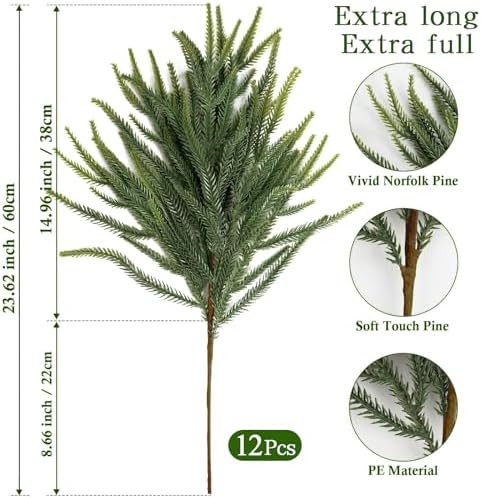 12Pcs Christmas Norfolk Pine Stems, 24'' Real Touch Branches Greenery Picks, alternate view 2