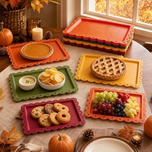 12Pcs Fall Plastic Serving Tray Red Orange Green Yellow Rectangle Dessert Display Tray Autumn Serving Food, alternate view 7