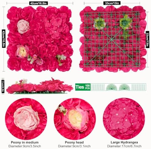 12pcs Flower Wall Backdrop 16.5"x16.5" Panel-Rose Red, alternate view 6