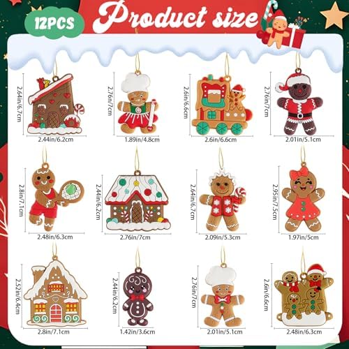 12pcs Gingerbread Man Ornaments for Christmas Tree, Assorted Gingerbread Figurines Decorations with Gingerbreads, alternate