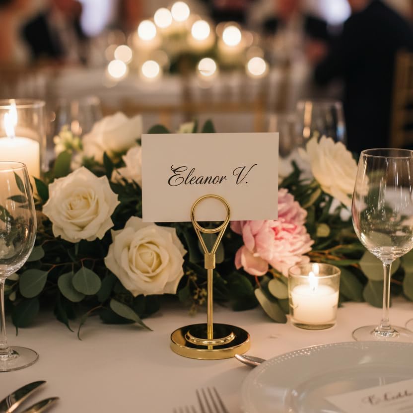 12pcs Gold Premium Table Place Card Holders with Weighted Base Stand and Clip in Gold, alternate view 2