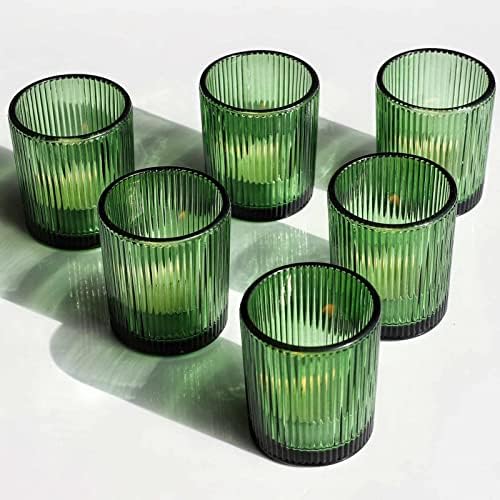 12pcs Green Candle Holder Ribbed Glass, Votive Candle Holders Bulk in Green