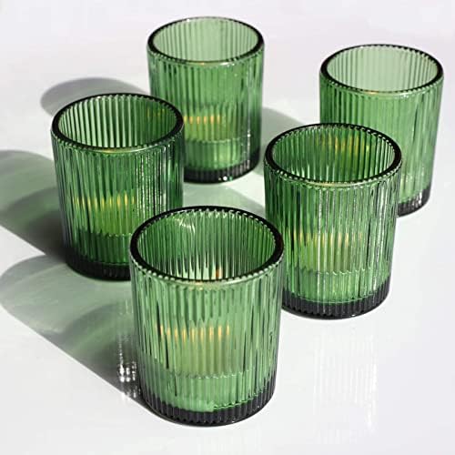 12pcs Green Candle Holder Ribbed Glass, Votive Candle Holders Bulk in Green, alternate view 5