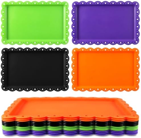 12Pcs Halloween Plastic Serving Trays with Wavy Edge in Black Orange Purple Green