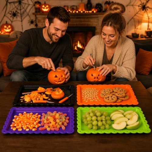 12Pcs Halloween Plastic Serving Trays with Wavy Edge in Black Orange Purple Green, alternate view 2
