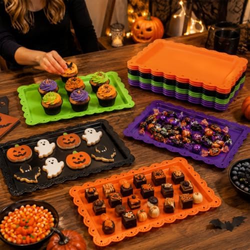 12Pcs Halloween Plastic Serving Trays with Wavy Edge in Black Orange Purple Green, alternate view 7