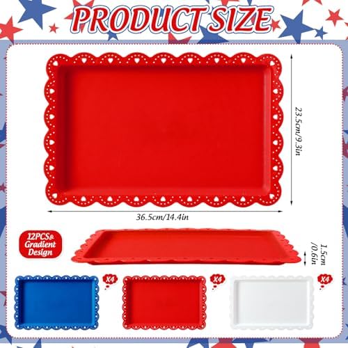12Pcs Patriotic Plastic Serving Tray Red Blue White Rectangle Serving Dish 4th of July Dessert Display Tray, alternate view 3